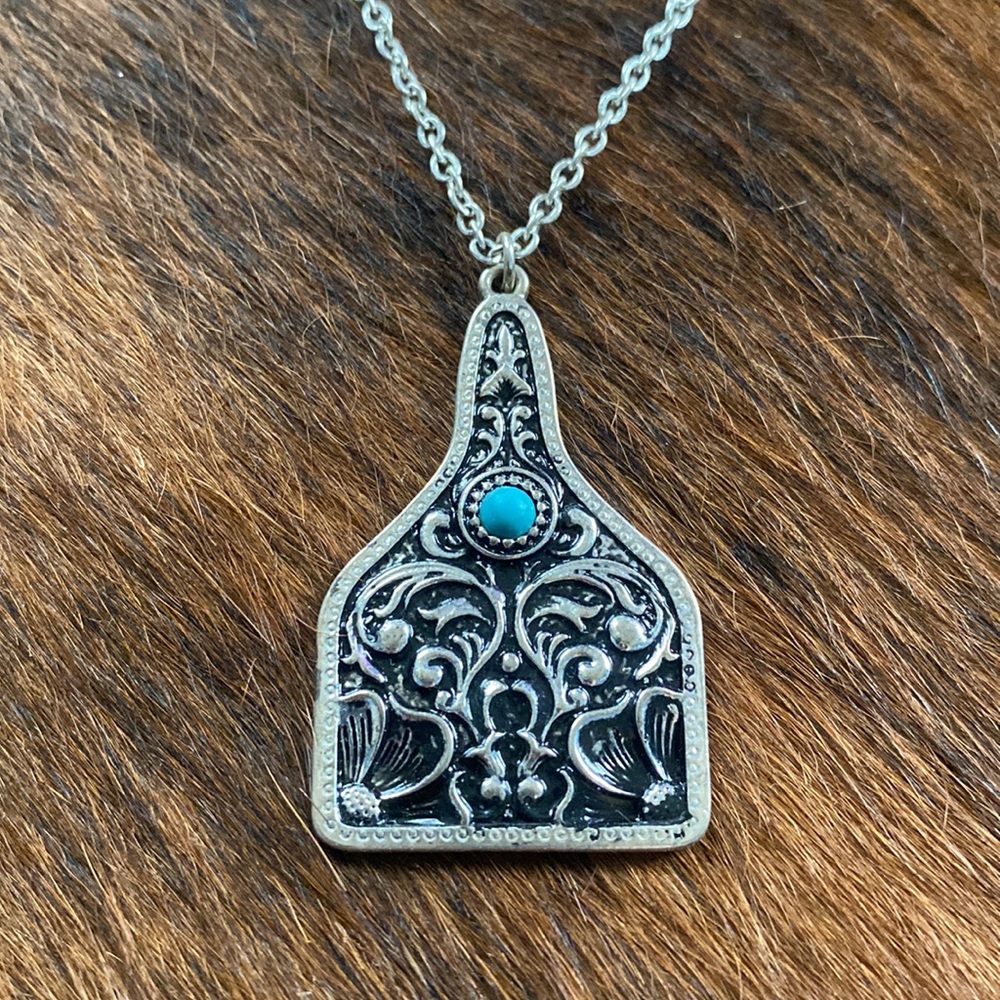 Cow Tag Necklace With Faux Turquoise Stone - Picture 2 of 2